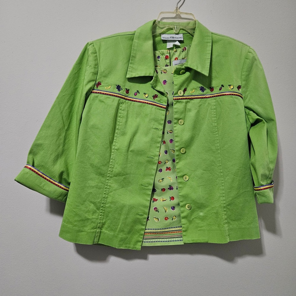 Sharon Young Lime Green Fruit Embroidered Jacket and Printed Shell Top Set L